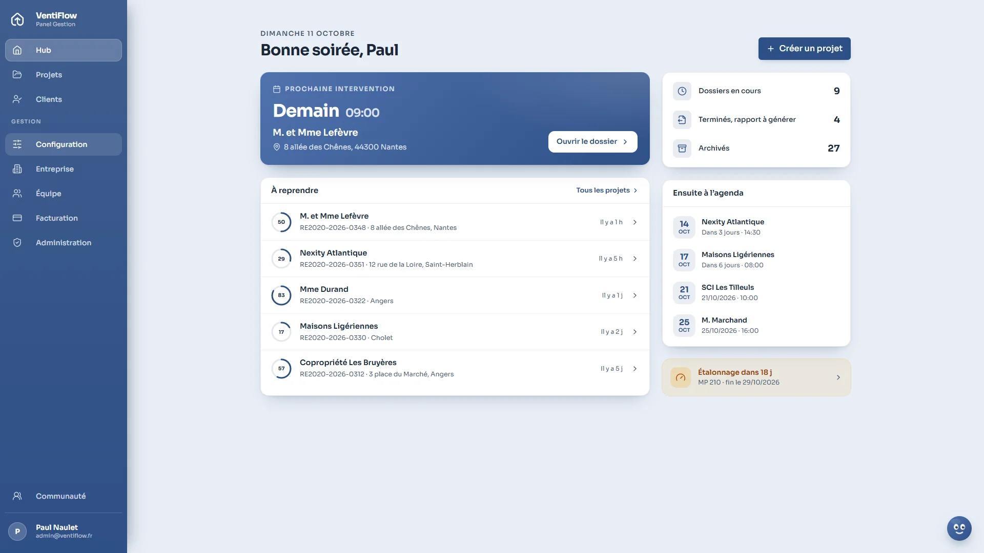 Le Hub VentiFlow : dossiers en cours avec leur avancement étape par étape, contrôles à venir et alerte d'étalonnage